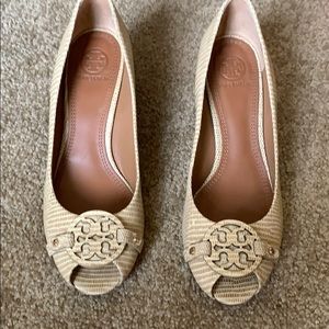 Tory Burch peep toe wedges.